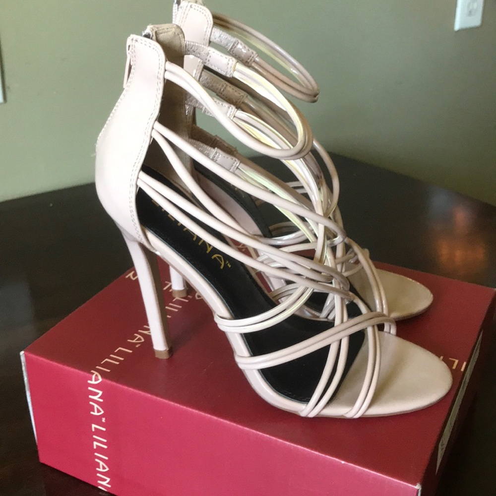 Liliana Patina patent caged heels